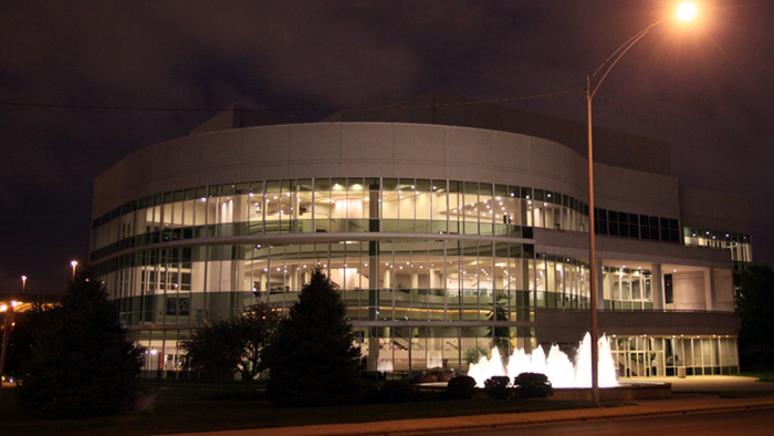 Evening view of the Hammons Hall for the Performing Arts.