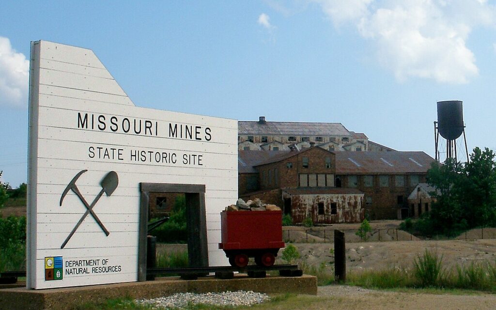 Welcome sign at Missouri Mines State Historical Site near Park Hills, Missouri.
